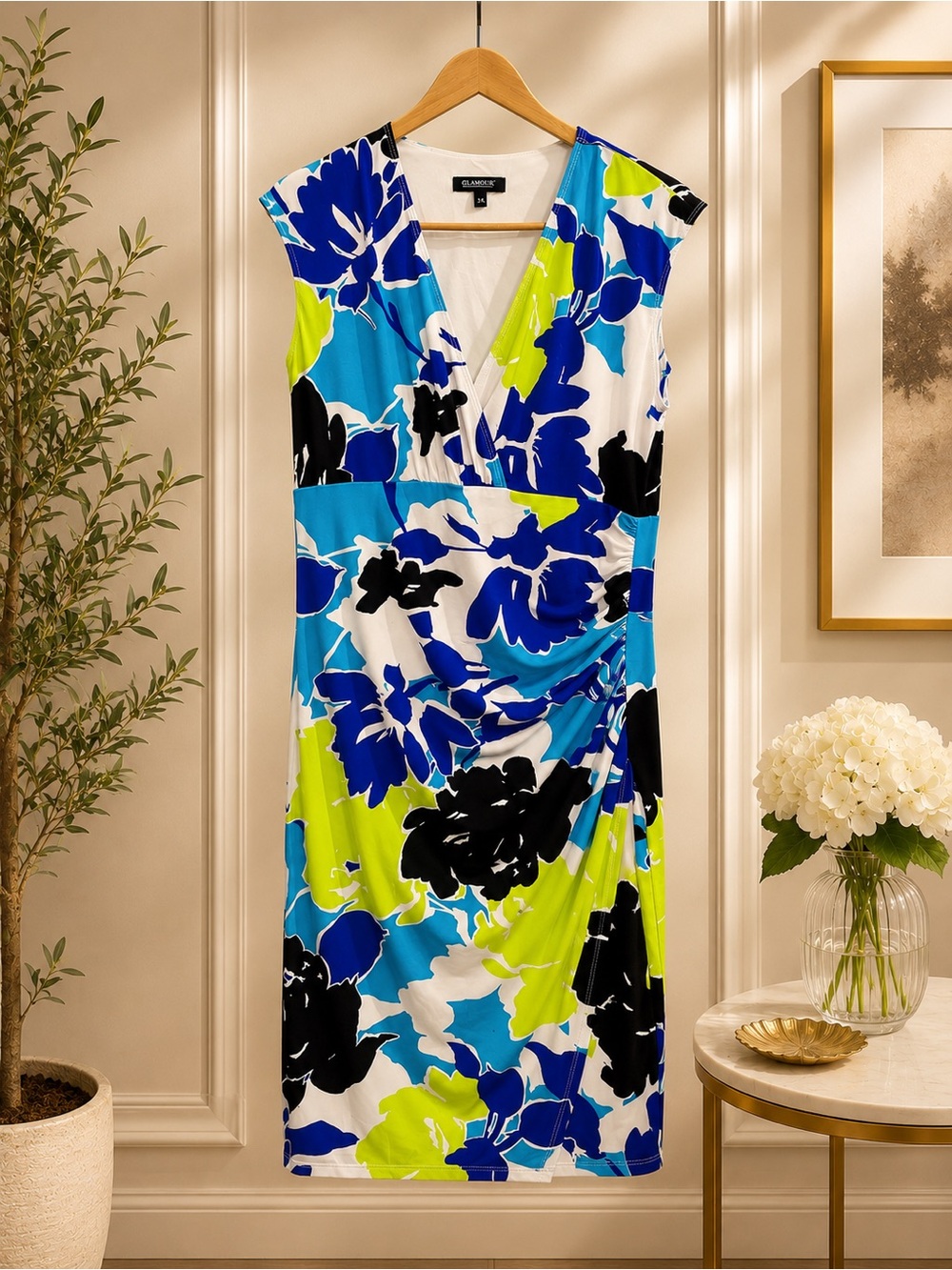 Glamour Floral Ruched Sheath Dress Blue Lime Black White Size 8